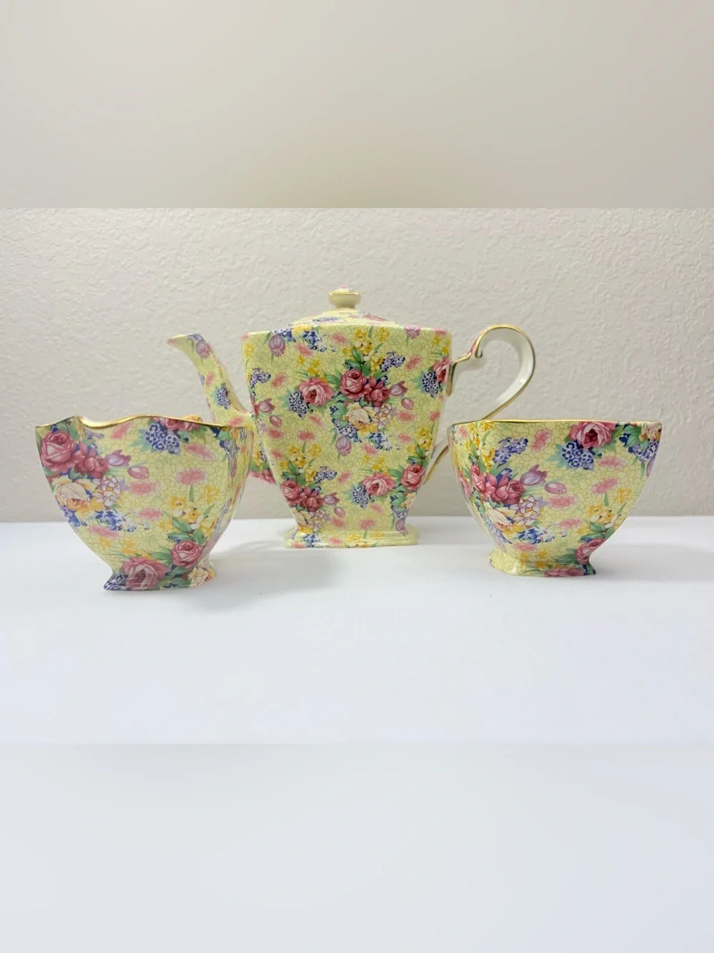 Royal Winton Wellbeck Chintz Tea Set with Pale Yellow Floral Pattern & Gold Trim